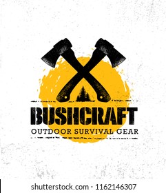 Bushcraft Outdoor Adventure Prepper Survival Equipment Vector Banner Design Element. Creative Rough Camping Sign Concept On Distressed Grunge Background