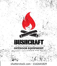 Bushcraft Outdoor Survival Tactical Equipment Creative Vector Design Element. Camping Adventure Sign Concept On Rough Textured Background.