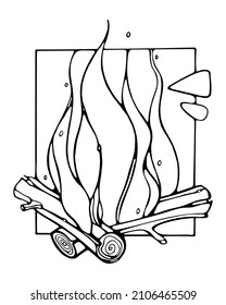 Bushcraft Outdoor Survival Tactical Equipment Creative Vector Design Element. Camping Adventure Sign Concept. Bonfire with firewood. Hand-drawn Outline Vector illustration. For coloring page.