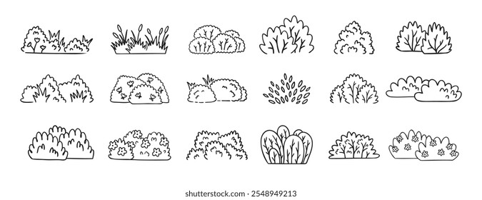 Bushes doodle hand drawn line icon set. Bushes clipart outline. Vector illustration
