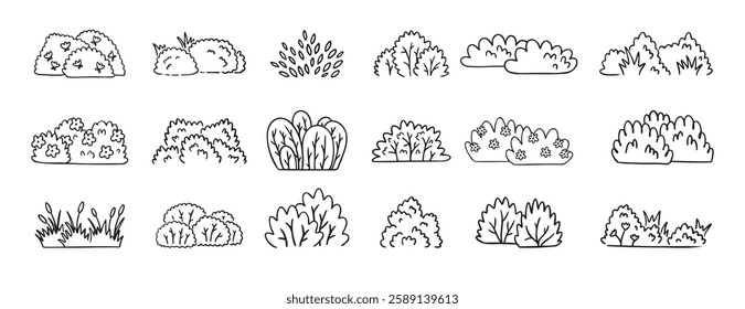 Bushes doodle hand drawn line icon set. Bushes clipart outline. Vector illustration