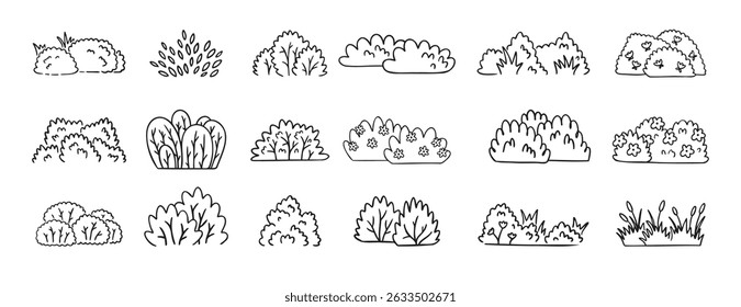 Bushes doodle hand drawn line icon set. Bushes clipart outline. Vector illustration