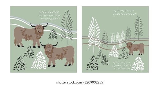 Seamless Pattern with Highland Cows, Pine-tree, Bushes, Hills. Scottish Nature Landscape Concept. Perfect for Kids Fabric, Card, Banner,  Textile, Wallpaper. Vector illustration