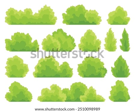 Bushes icon set. Cartoon forest and park shrubbery. Summer nature cartoon objects isolated on white. Landscape scene create element. Vector cartoon illustration