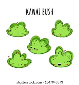 Bushes, landscaping. Vector set of bushes in the style of kawaii, Emoji, cartoon. Green emotions. eps 10