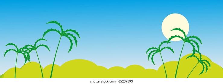 bushes and palms on background sky