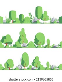 Autobuses sin fisuras. Plantillas de arbustos verdes horizontales decorativos para el fondo de dibujos animados de vectores de paisajes chillones de juego