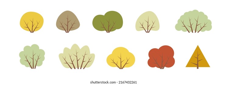 BUSHES. Set of different autumn bush, shrub. Minimal cute nature icons. Flat vector illustration. Collection, various autumn bushes. Nature design icon of forest. Simple autumn illustration.