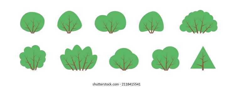 BUSHES. Set of different bush, shrub. Minimal cute nature icons. Flat vector illustration. Collection, various green bushes. Nature design icon of forest. Simple spring, summer illustration.