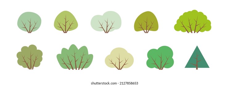 BUSHES. Set of different bush, shrub. Minimal cute nature icons. Flat vector illustration. Collection, various green bushes. Nature design icon of forest. Simple spring, summer illustration.