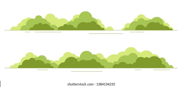 Bushes set isolated. Flat style. Leaves, flowers, plants. Modern trendy minimalistic and simple design. Bright green summer, spring colors. Cartoon style. Floral background. Vector illustration.