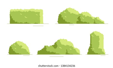 Bushes set isolated. Flat style. Leaves, flowers, plants. Modern trendy minimalistic and simple design. Bright green summer, spring colors. Cartoon style. Floral background. Vector illustration.