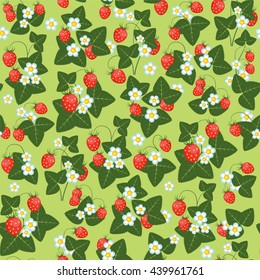 bushes of strawberries, flowers leaves and berries of strawberry, Vector seamless pattern