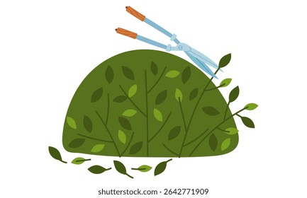 os arbustos são cortados com tesoura de mão. Ferramentas de jardinagem. Ilustração em cores planas. Enredo de jardim. Adequado para jardinagem, manutenção de locais, controle de ervas daninhas, máquinas agrícolas e trabalho manual