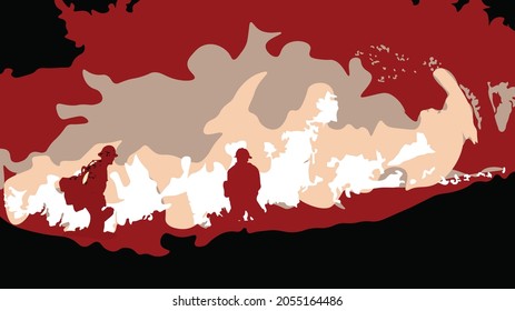 Bushfire and two firefighters silhouette with fire background . Illustration of blaze on forest fire vector. Red silhouette