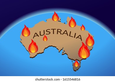 Incendios forestales en Australia. Punto de inflamación, semáforos de incendios naturales en el continente. Mapa de incendios forestales australianos con carteles en llamas. Desastre, calamidad.