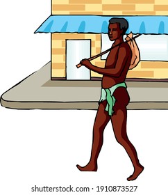 Bushman in City. African traditional wear. clipart, vector illustration.