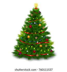 Bushy decorated Christmas tree on white background