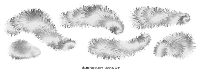Bushy gray fox fur, furry striped brushes and pompoms, fuzzy and flocky hair shapes, winter design elements isolated on white background. Vector illustration