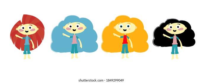 Dibujo vectorial de personajes femeninos de cabello ocupado, ilustración del vector de niños felices. 