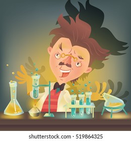 Bushy haired mad professor in lab coat experimenting with flasks sitting at the table, cartoon illustration. Crazy comic scientist, mad professor, chemist, doctor