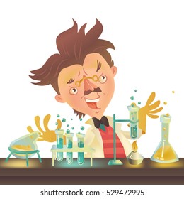 Bushy haired mad professor in lab coat experimenting with flasks sitting at the table, cartoon illustration. Crazy comic scientist, mad professor, chemist, doctor