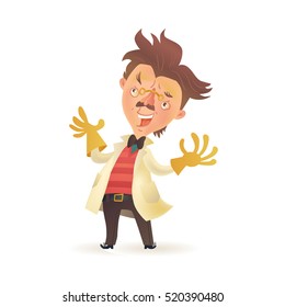 Bushy haired mad professor wearing lab coat and raising hands in rubber gloves, cartoon illustration isolated on white background. Crazy comic scientist, chemist, doctor
