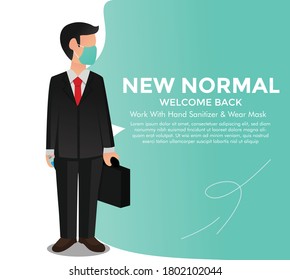 Nuevo concepto normal. Empresario volviendo al concepto de trabajo. Salir con una máscara y sostener un desinfectante. La influencia del virus de la corona o del brote de covid-19 2020. ilustración vectorial