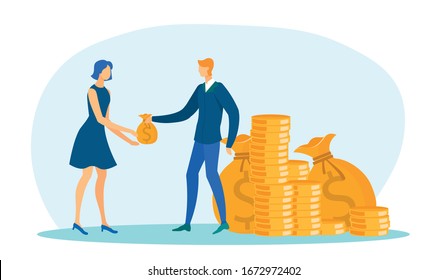 Busimessman With Big Money Piles and Big Sacks Giving Small Bag to Woman Employee Flat Cartoon Vector Illustration. Boss Paying Salary t Office Worker. Taking Loan in Bank. Coin Stacks.