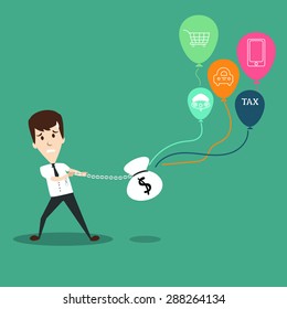 businees man pull with iron chain for money bag from debt  