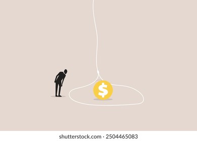 Hombre de negocios que mira la bombilla en la trampa. concepto de trampa de dinero para engañar a las personas de la codicia, peligro de fraude o amenaza de atacar a la víctima, problema financiero o de inversión