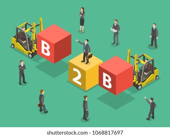 Busines to business flat isometric vector. People are compounding the word B2B.