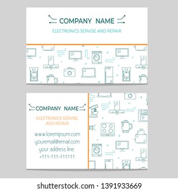 Plantilla de tarjetas de visita para la tienda de electrónica o servicio de reparación con iconos de línea delgada de electrodomésticos