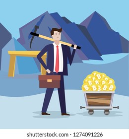busines concept illustration.Businessmen mining bitcoins and earning cryptocurrency.Trolley with money