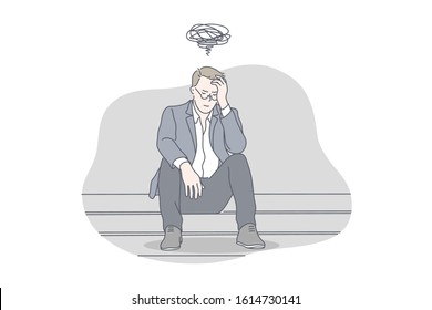 Busines, depression, stress, problem, work concept. Young exhausted, nervous, thoughtful businessman has work problem and got depression. Work may cause raise of stress level. Simple flat vector