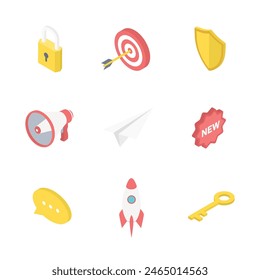 Busines elements set. Isometric digital marketing icons. Startup, goal, safe, bubble, megaphone. 