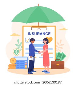 Busines Insurance concept. Business woman has insured her company. Signing of a legal document. A metaphor for security and reliability. Cartoon flat vector illustration isolated on a white background