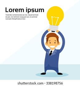 Busines Man Cartoon Character Hold Idea Light Bulb Flat Vector Illustration