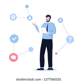 Busines man in formal clothes standing and using laptop. Social networking concept. Connection, business, education and science.