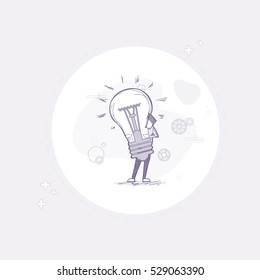 Busines Man Hold New Idea Light Bulb Thin Line Vector Illustration