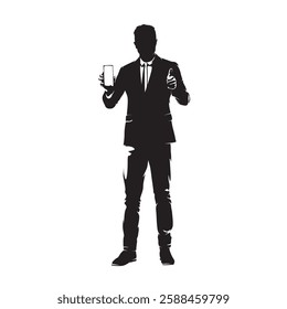 Busines man is holding mobile phone and showing its screen, with his other hand he gives thumbs up. Isolated vector silhouette, high contrast illustration