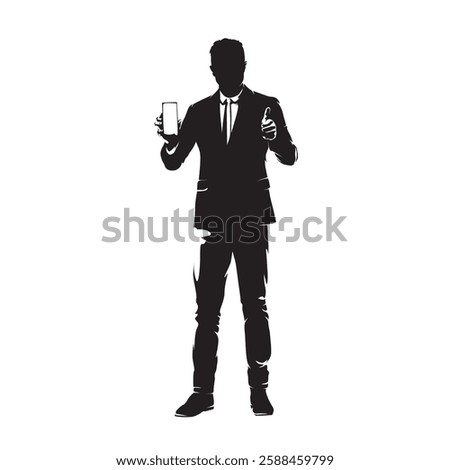 Busines man is holding mobile phone and showing its screen, with his other hand he gives thumbs up. Isolated vector silhouette, high contrast illustration