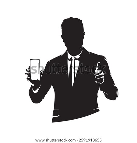 Busines man is holding mobile phone and showing its screen, with his other hand he gives thumbs up. Isolated vector silhouette, high contrast illustration