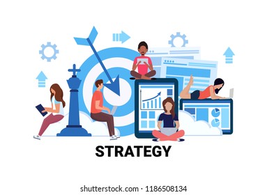 busines man woman team using gadgets successful working strategy concept people teamwork creative innovation futture project startup flat horizontal vector illustration