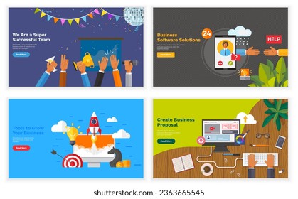 Busines software solutions, super successful team, create business proposal, tools to grow your business landing page template set. Colleagues research, analyze, develop, create new ideas, 24 help