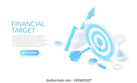 Busines strategy concept with target and chart. Landing page template. 3d isometric vector illustration.