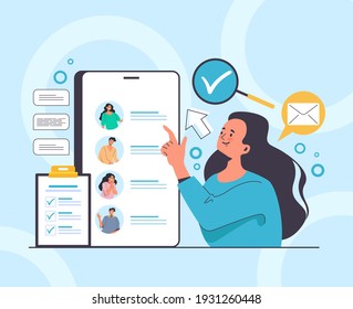 Busines woman office worer boss manager choosing job candidate. Recruitment head hunting human resources concept. Vector flat graphic design illustration