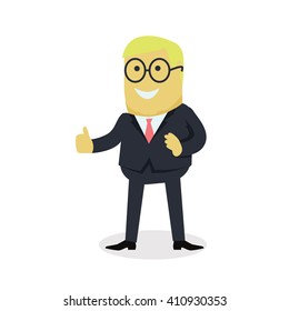 Businesman show gesture thumb up. Young successful man in glasses do business hand gesture shows good job isolated on white background. Approval of the praise and agreement. Vector illustration