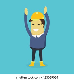 Businesman show holds hands up. Young successful investor man in helmet do business hand gesture shows good job. Approval of praise and agreement. Vector illustration