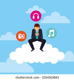 businesman sitting cloud with mobile and social media icons